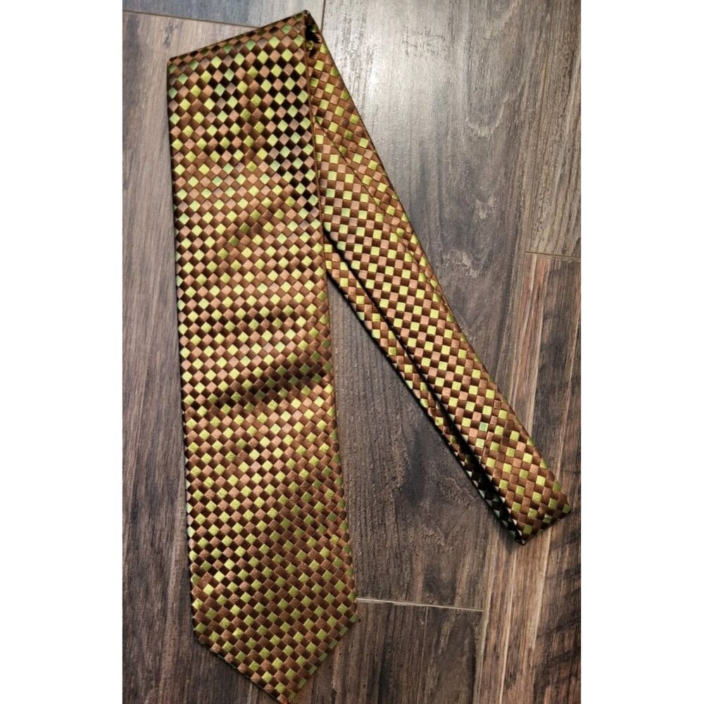 Ted Baker 100% Silk Tie Brown Green Woven Check USA Made